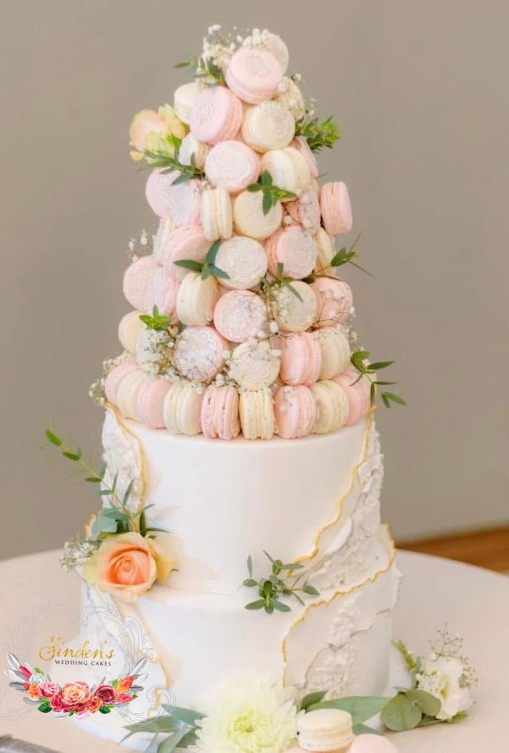 Profiterole tower with pink and coral florals